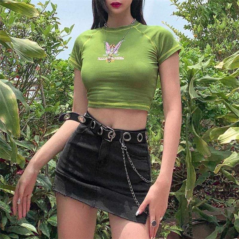 Green Short Sleeve Round Neck Angel Print Crop Top Top