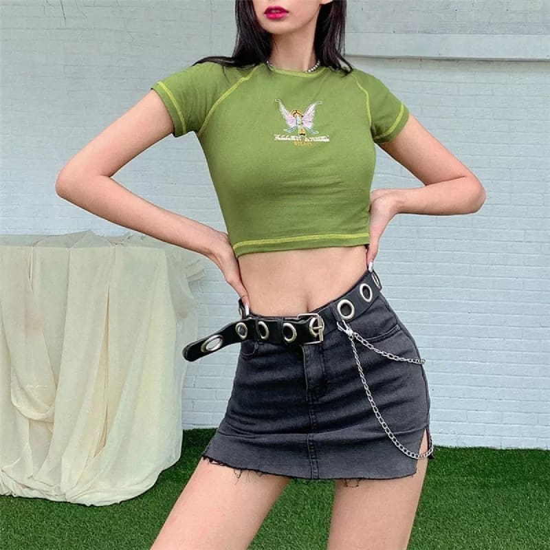 Green Short Sleeve Round Neck Angel Print Crop Top Top