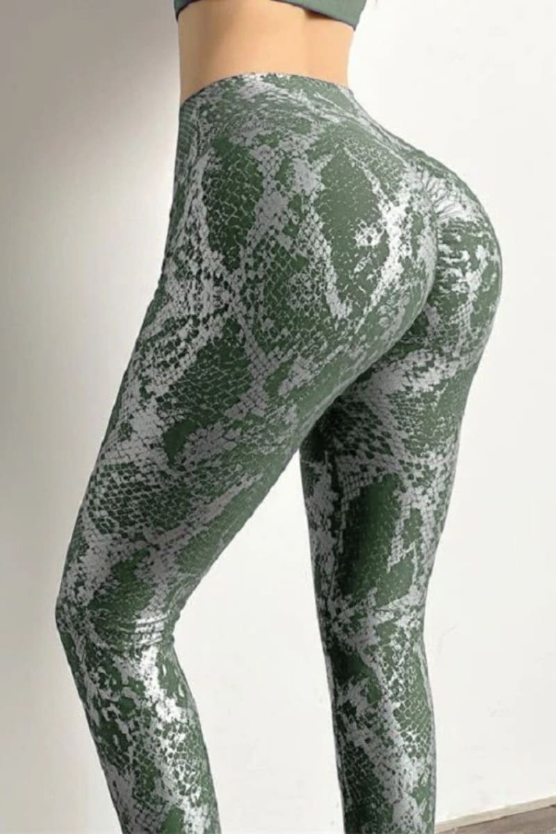 Green Snakeskin High Waist Ruched Metallic Legging Legging