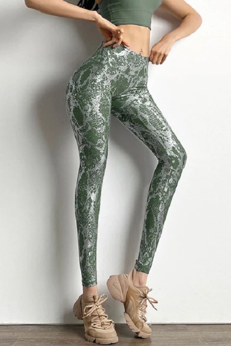 Green Snakeskin High Waist Ruched Metallic Legging Legging