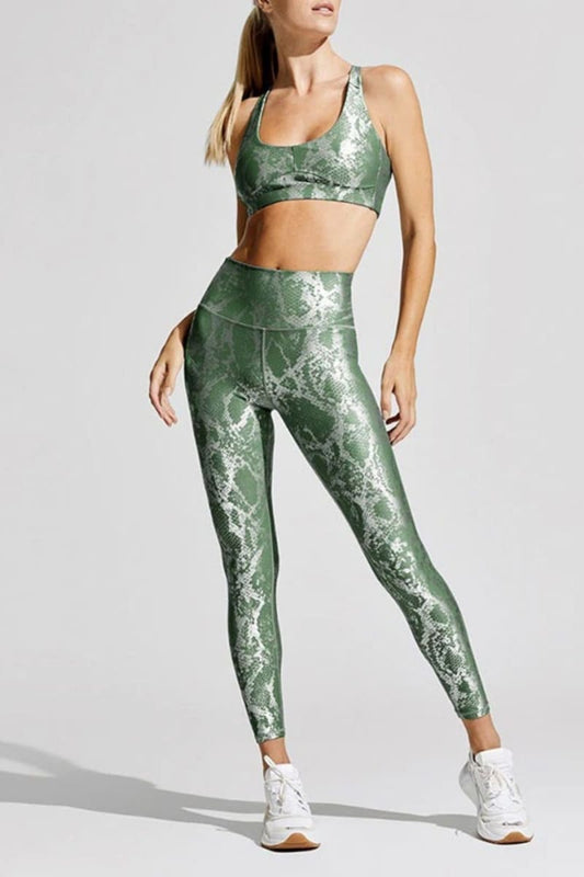 Green Snakeskin High Waist Ruched Metallic Legging Legging