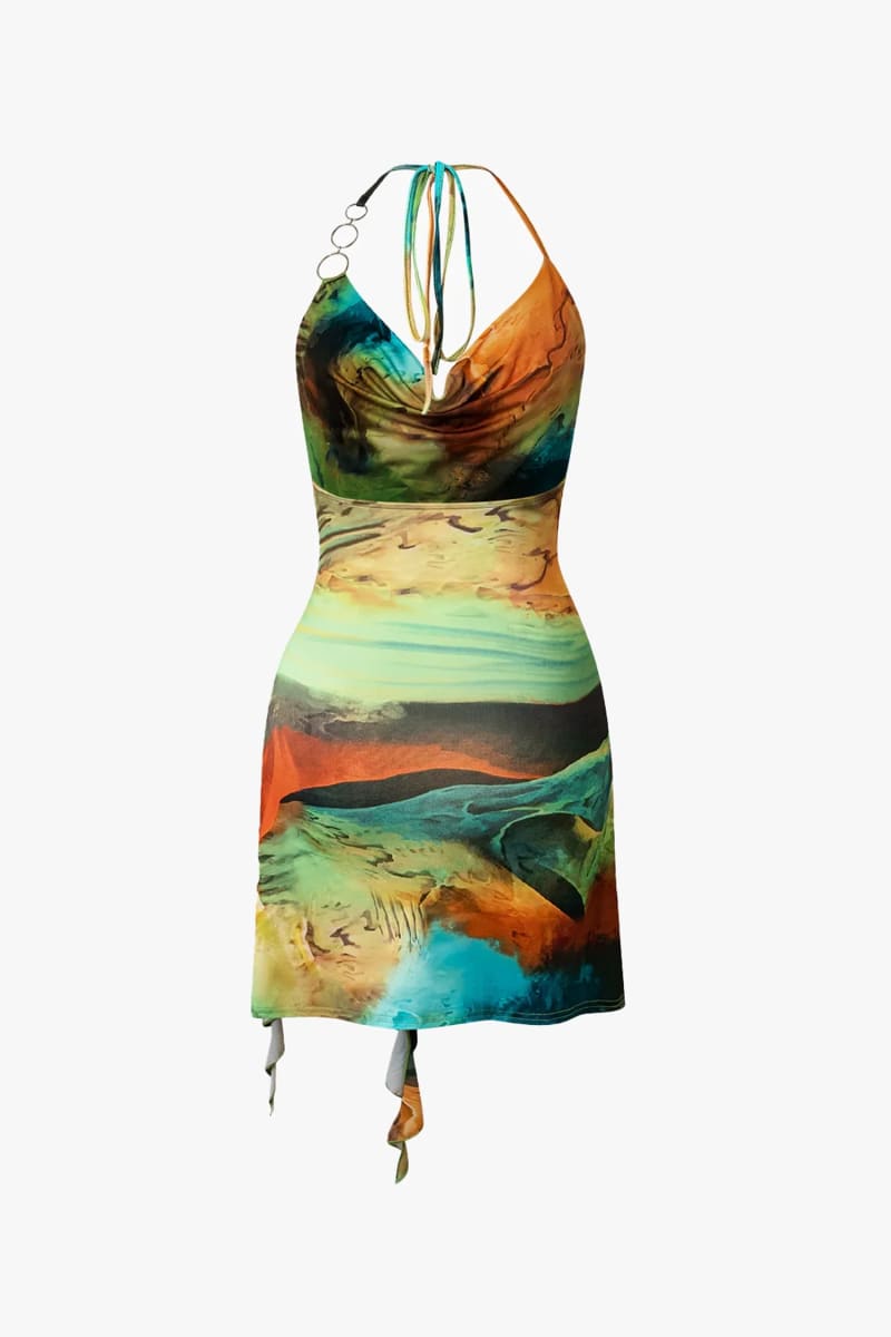 Green Tie Dye Marble Print Mini Dress Dresses