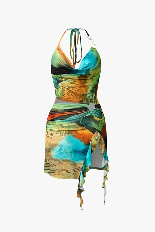 Green Tie Dye Marble Print Mini Dress Dresses