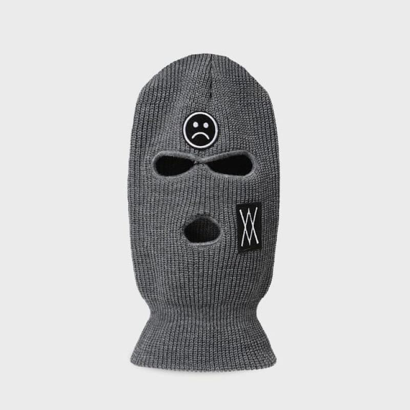 Grey 3 Holes Balaclava With Sad Face Embroidery