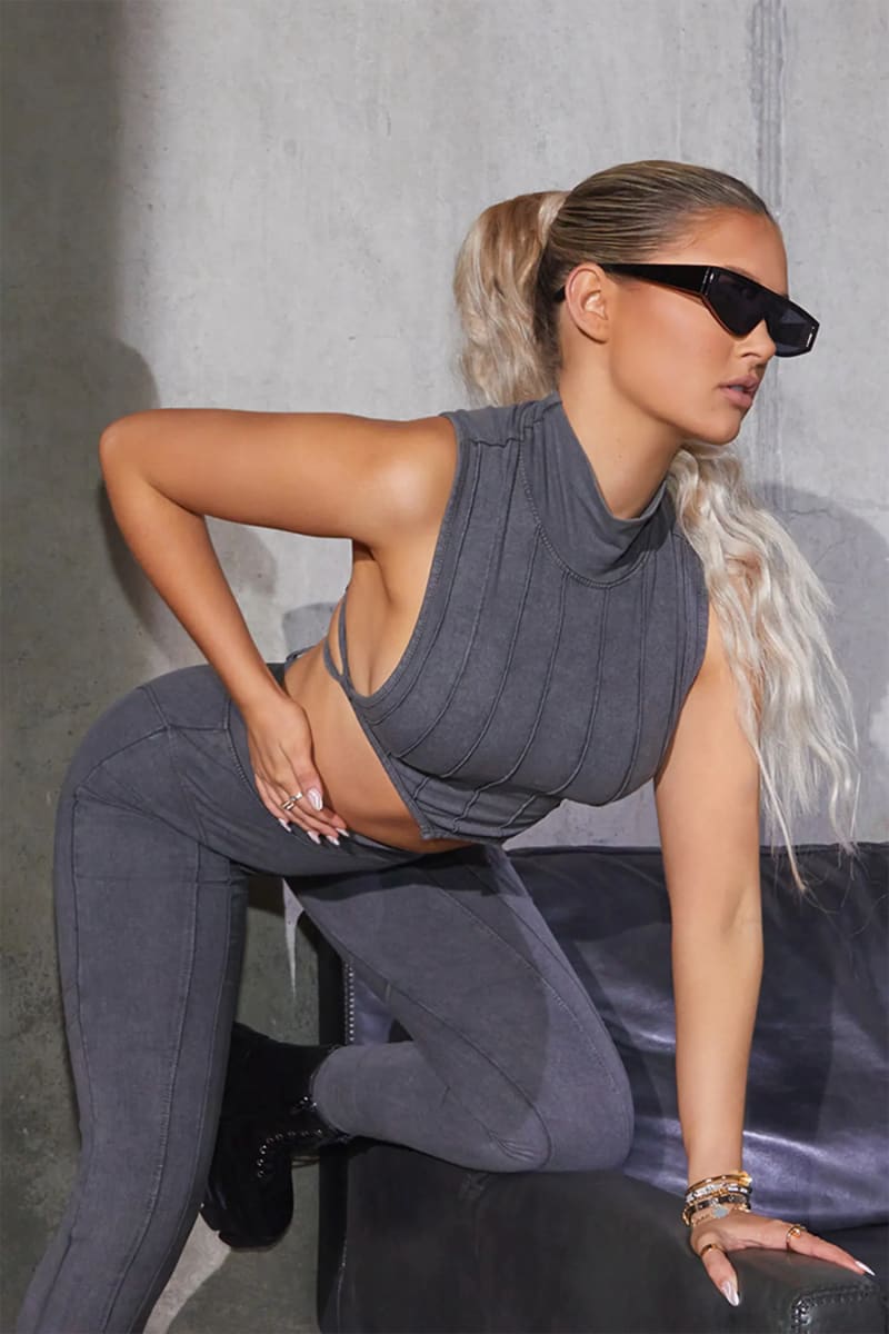 Grey Acid Washed Jeggings & Turtleneck Crop Top Outfit Sets