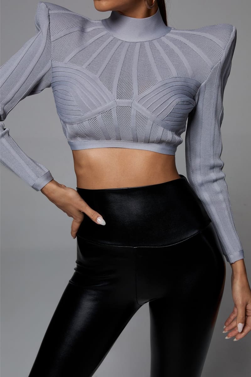 Grey Long Sleeve Padded Shoulder Crop Top