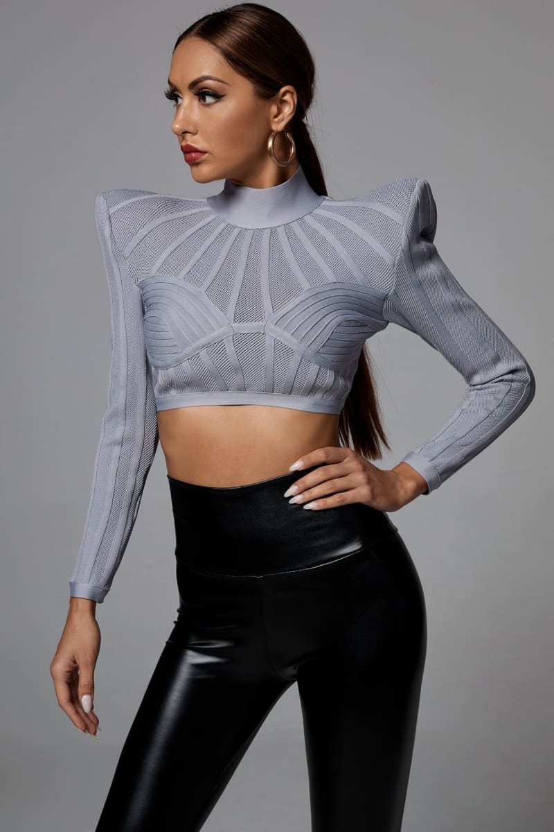 Grey Long Sleeve Padded Shoulder Crop Top Xs /