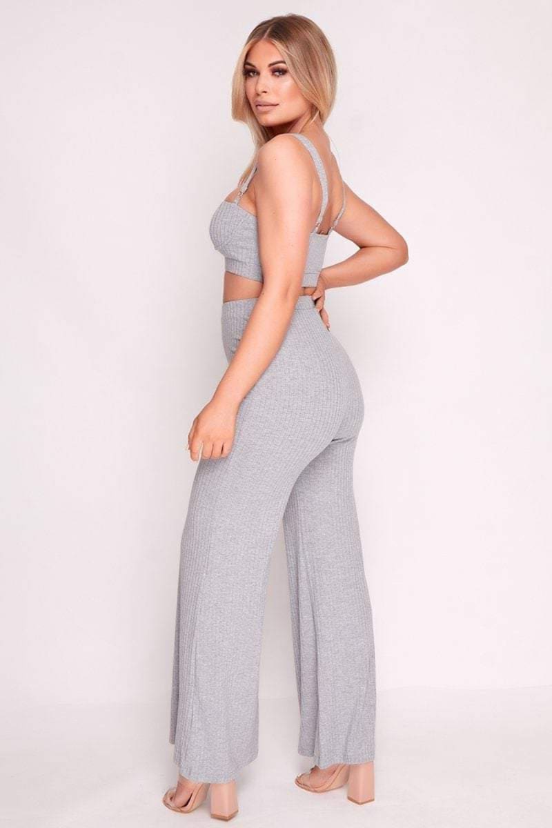 Grey Ribbed Bralette Top And Palazzo Pants Set Outfit Sets