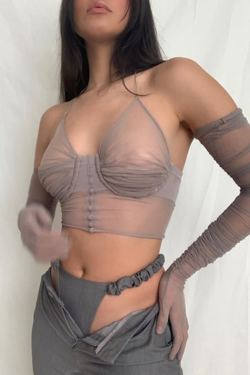 Grey Sheer Halter Crop Top With Gloves S / Shirts & Tops