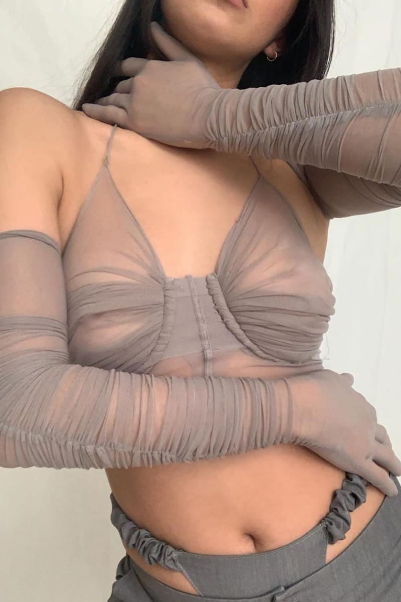 Grey Sheer Halter Crop Top With Gloves Shirts & Tops