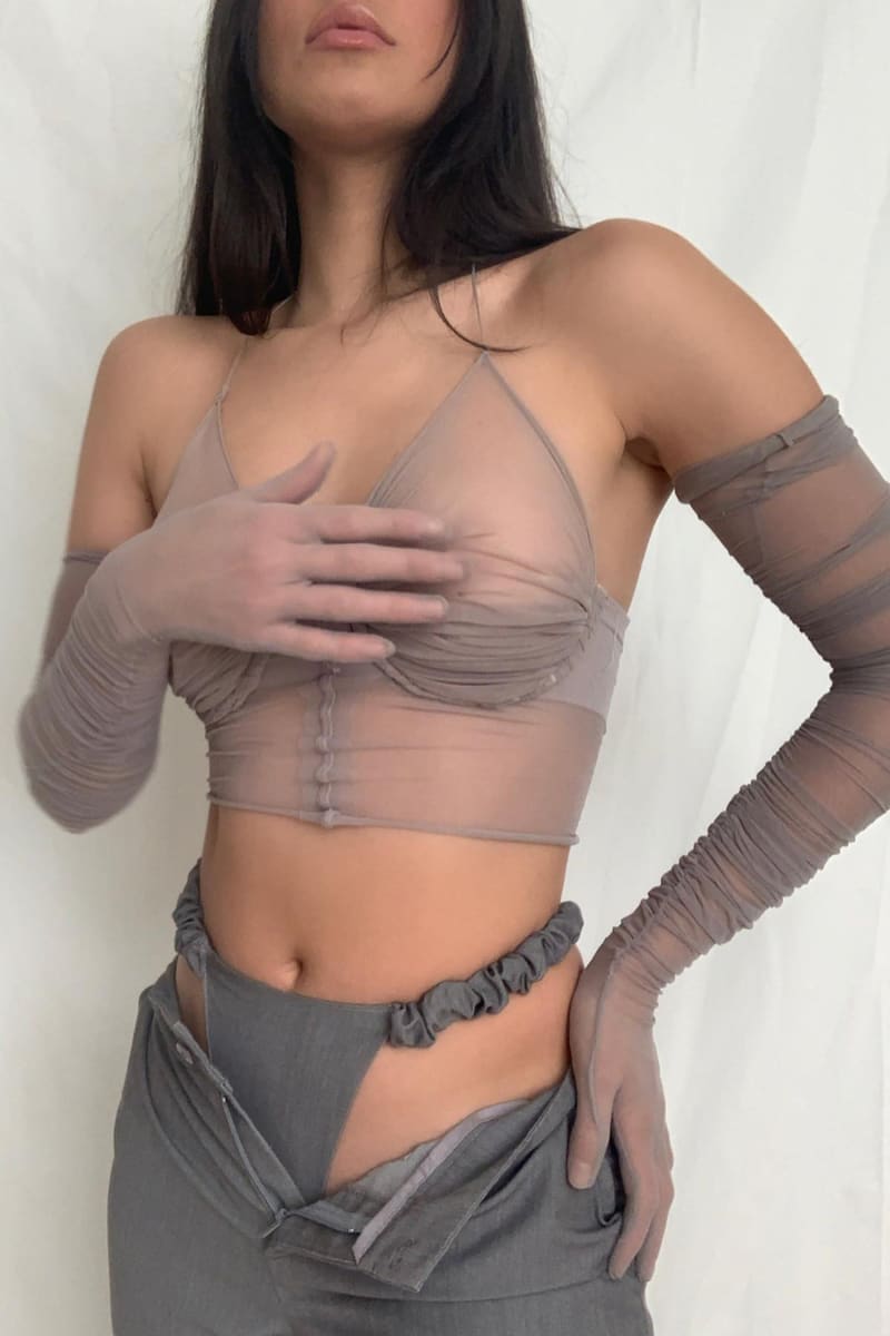 Grey Sheer Halter Crop Top With Gloves Shirts & Tops