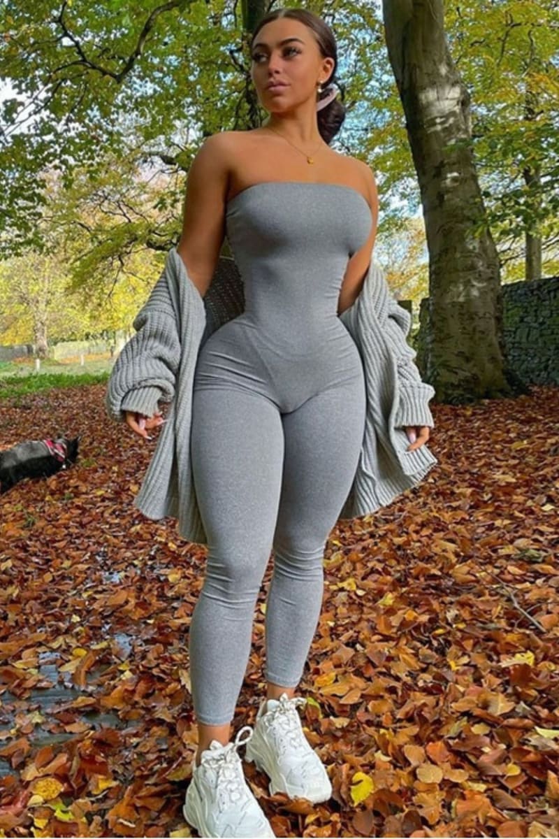 Grey Strapless Tight Jumpsuit