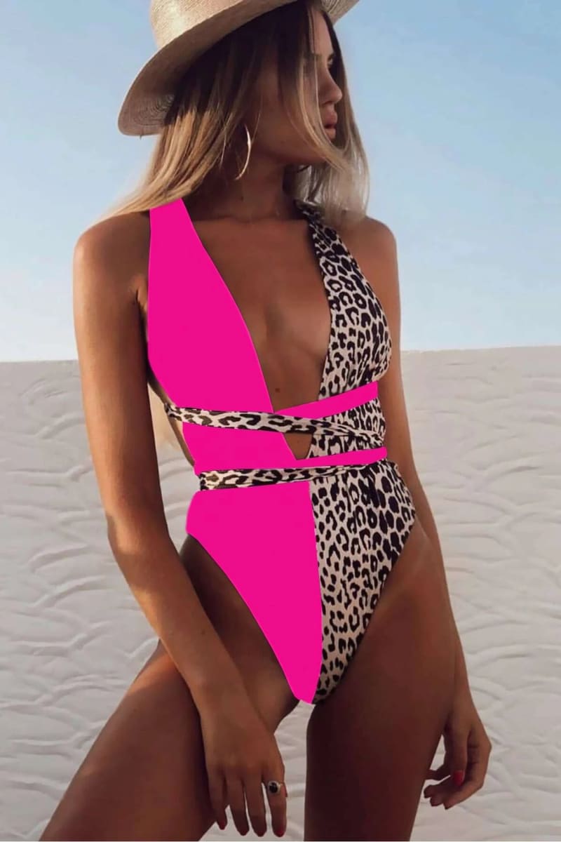 Half Pink Leopard One Piece Swimsuit Monokini