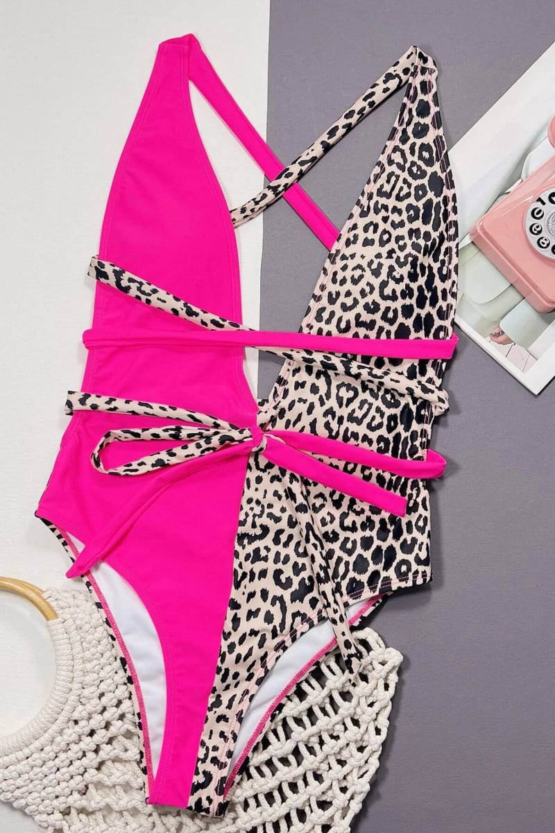 Half Pink Leopard One Piece Swimsuit Monokini