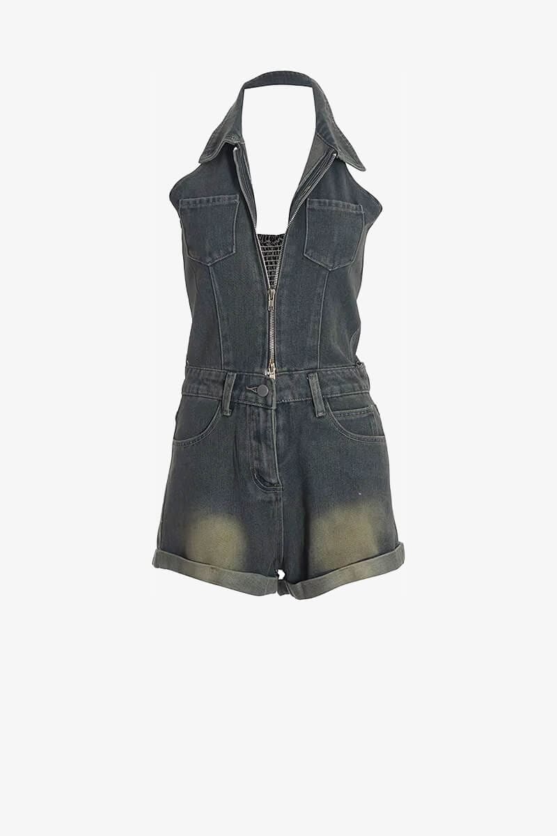 Halter Neck Plunging Denim Romper