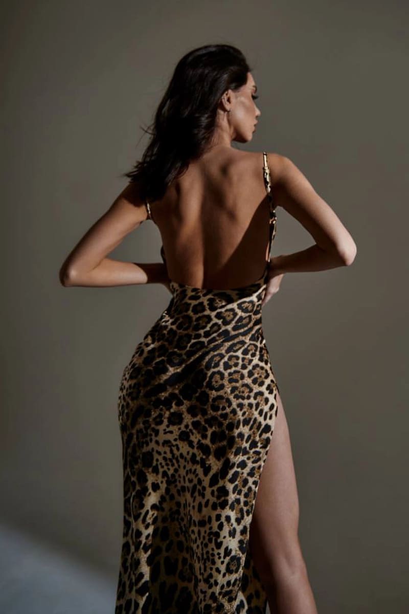 High Slit Cowl Neck Leopard Maxi Dress