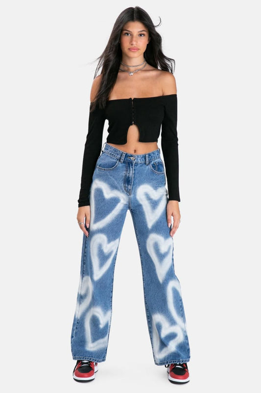 High Waisted Heart Print Blue Baggy Jean Pants