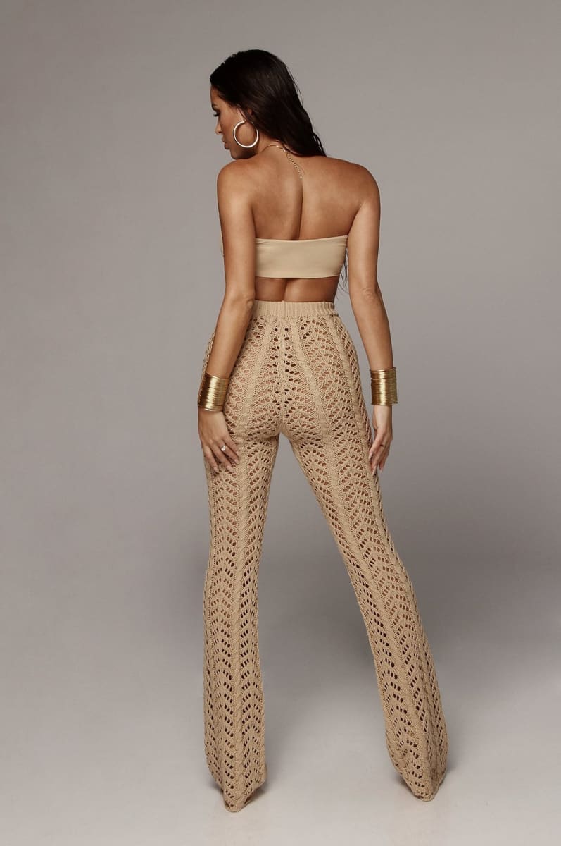 Khaki Flare Bottom Croshet Sheer Cover Up Beach Pant Pant