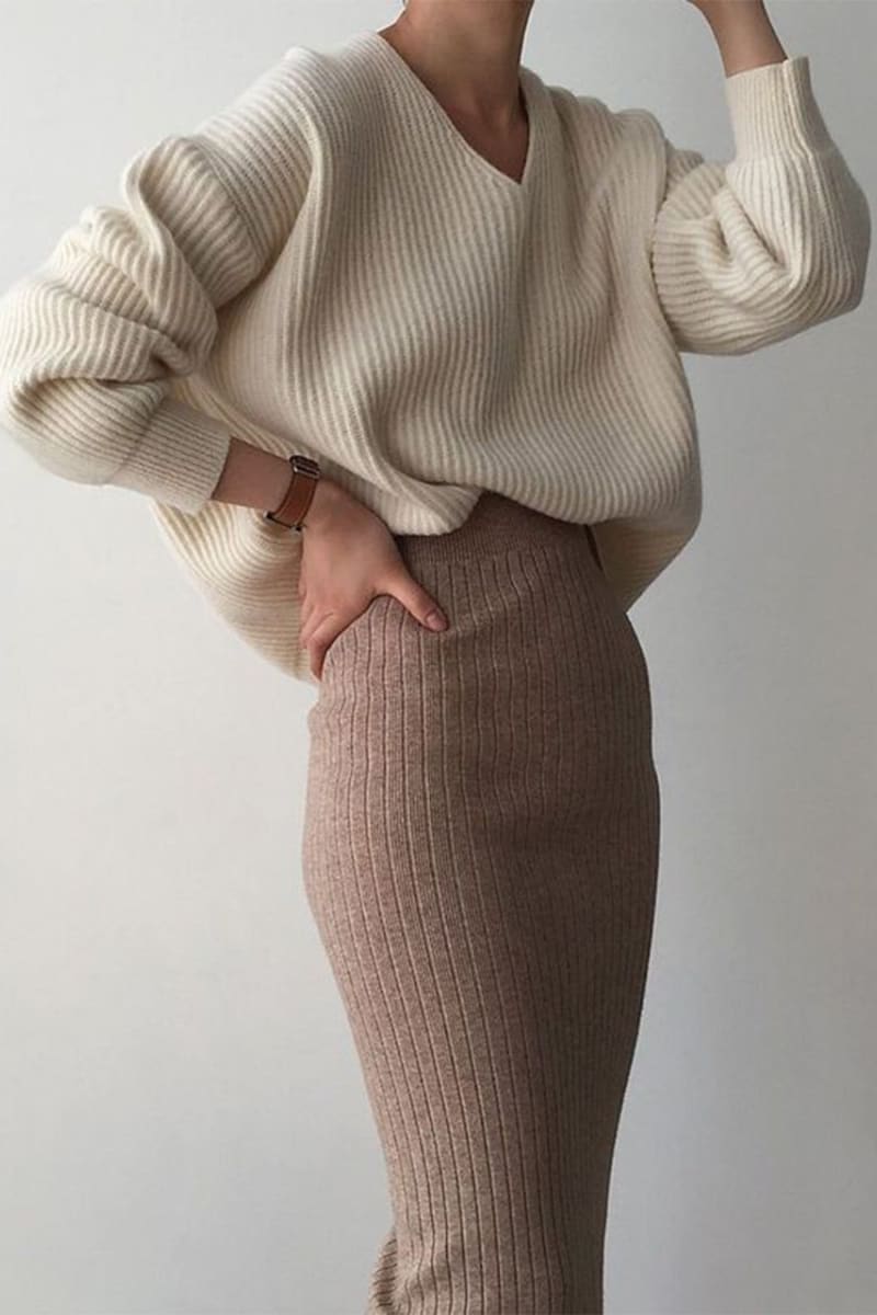 Khaki Ribbed Knit High Waist Long Skirt Skirts