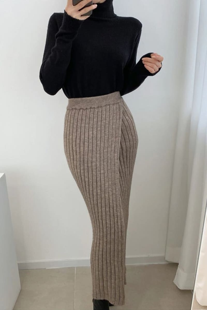 Khaki Ribbed Knit High Waist Long Skirt Skirts