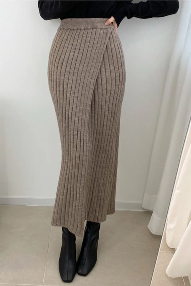 Khaki Ribbed Knit High Waist Long Skirt Skirts