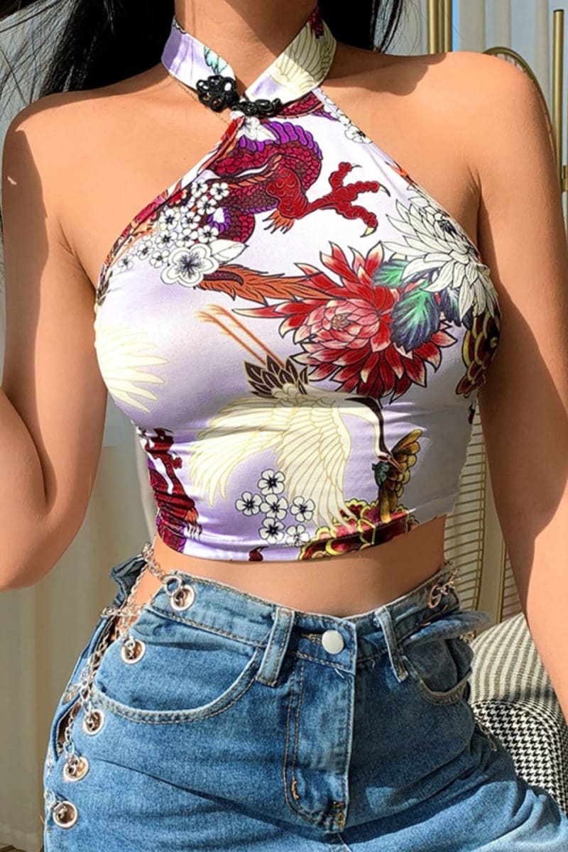 Lavender Halter Satin Dragon Crop Top Top