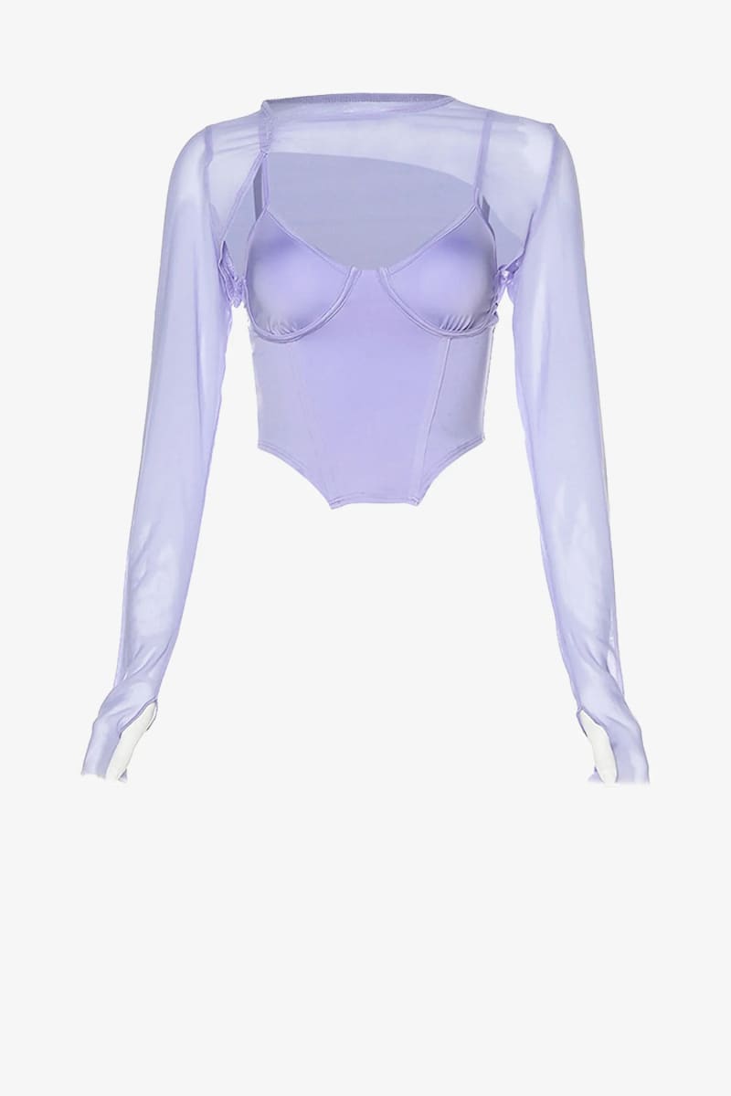 Lavender Long Mesh Sleeve Corset Crop Top