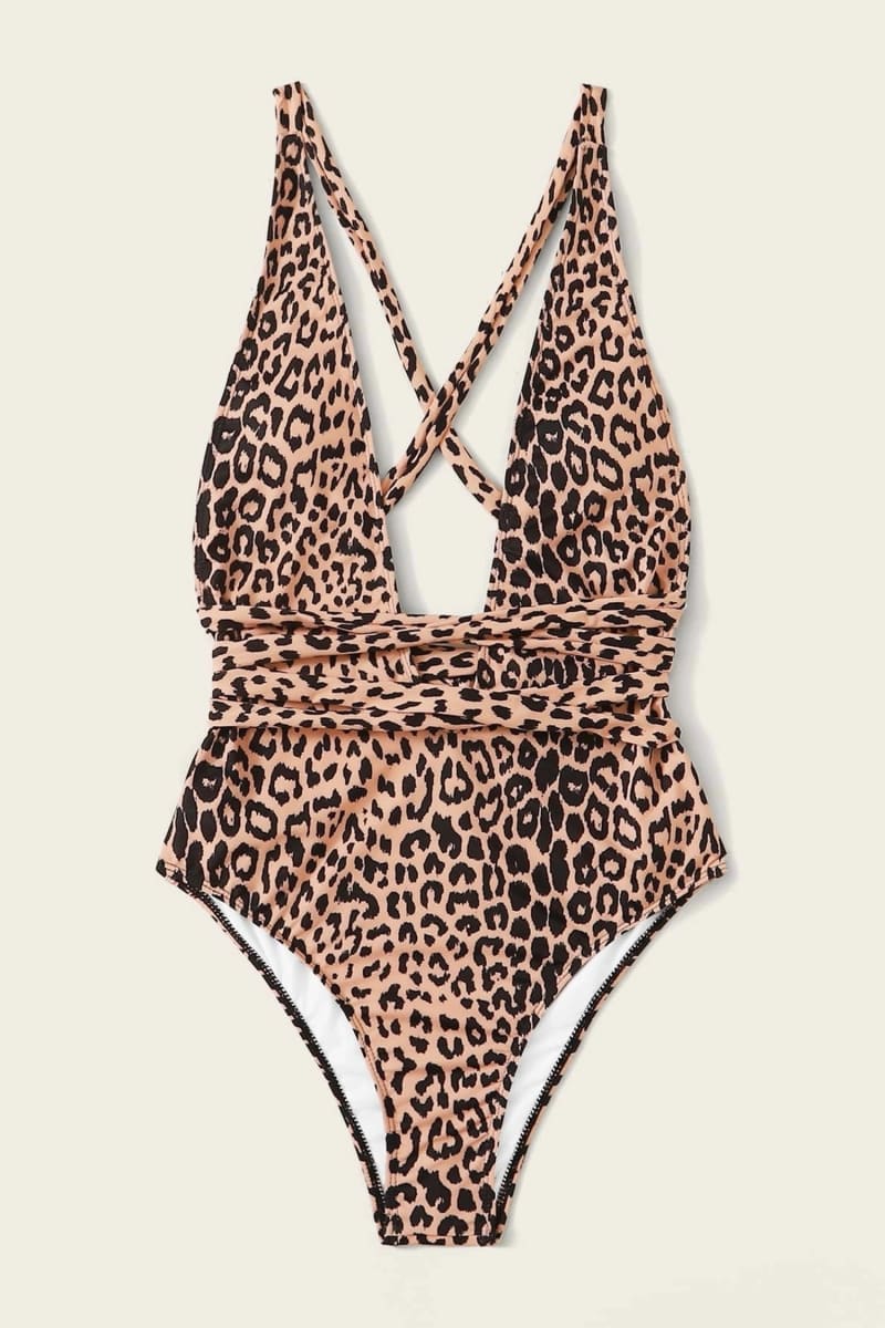 Leopard Print Plunge One Piece Swimsuit Monokini