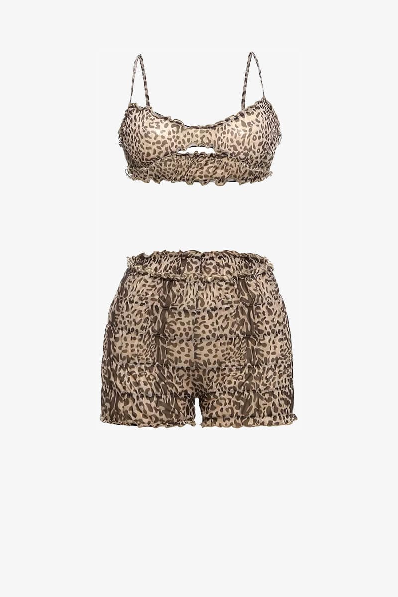 Leopard Print Ruched Bralette And Shorts Set