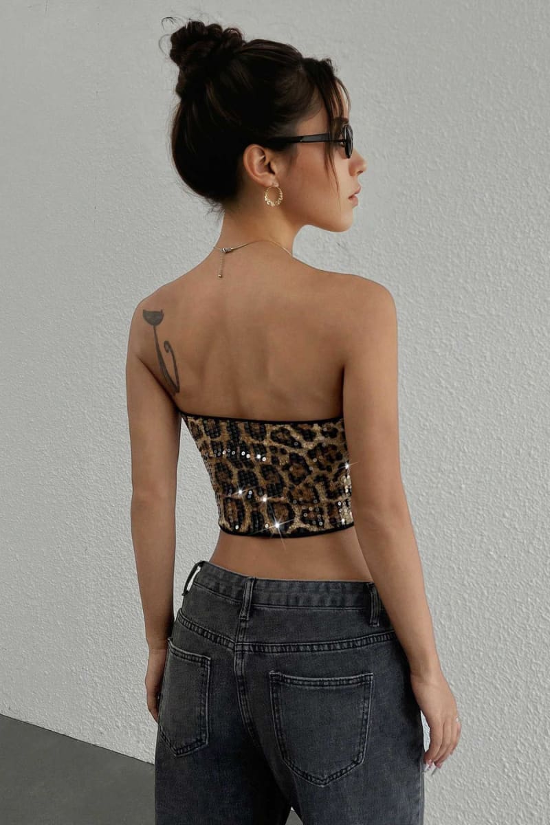 Leopard Print Strapless Sequin Crop Top