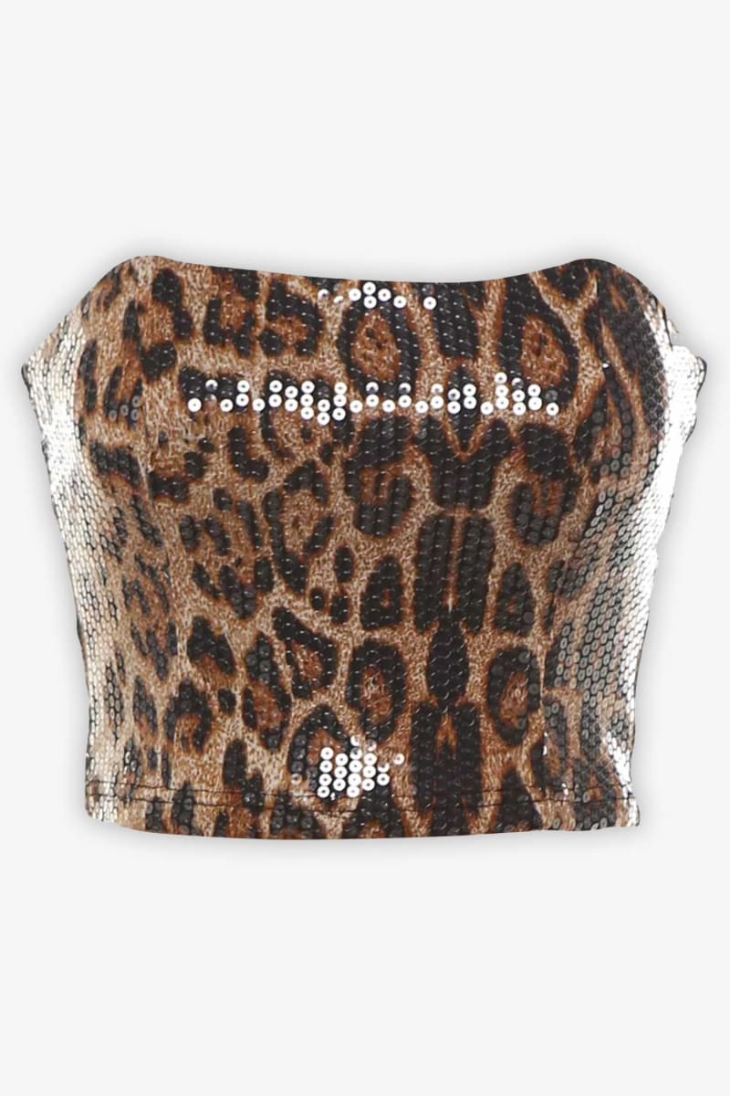 Leopard Print Strapless Sequin Crop Top