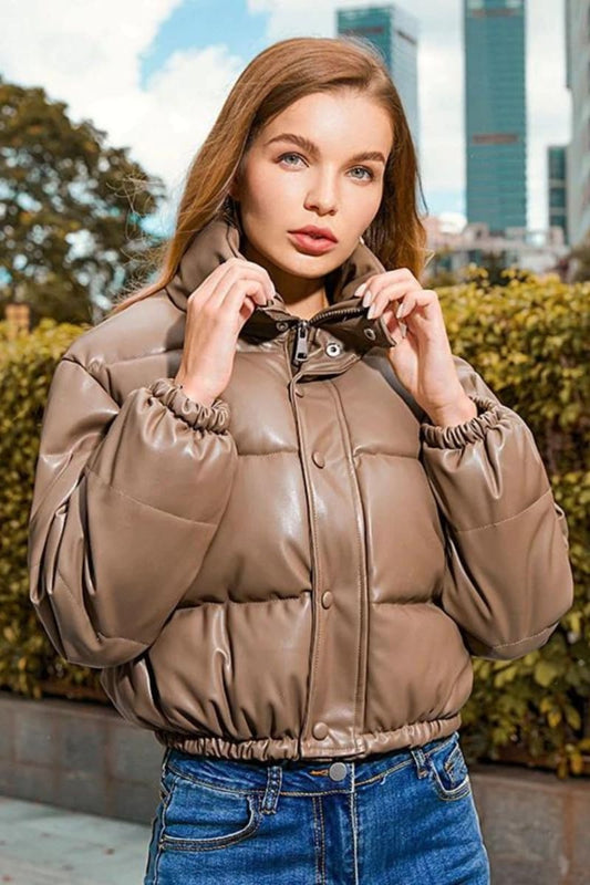 Light Brown Puffer Windbreaker Faux Leather Crop Jacket S / Coats & Jackets