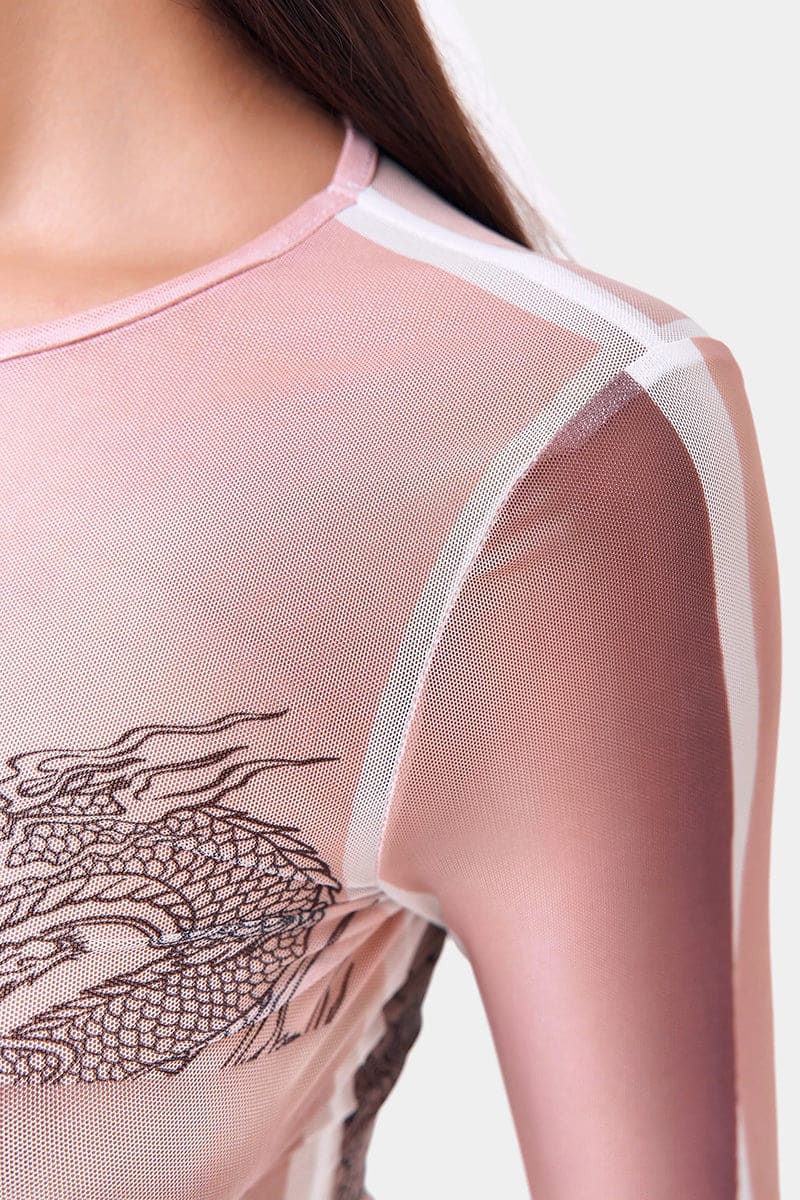 Long Sleeve Sheer Dragon Print Bodysuit Bodysuit