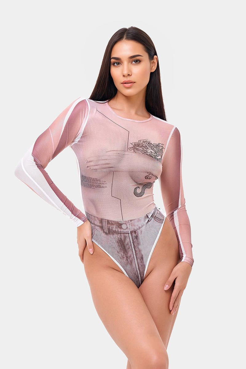 Long Sleeve Sheer Dragon Print Bodysuit Bodysuit