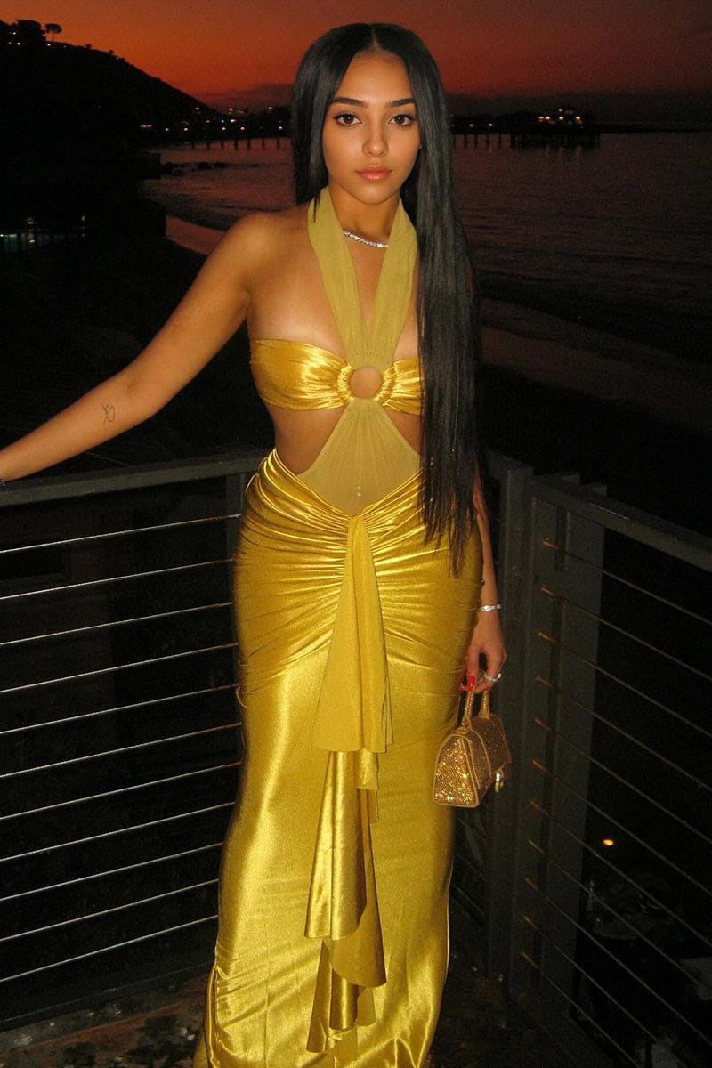 Metallic Gold Cutout Halter Maxi Dress Yellow / S