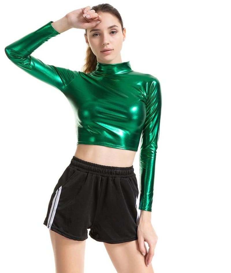 Metallic Long Sleeve Punk Rave Crop Top-Green Shirt