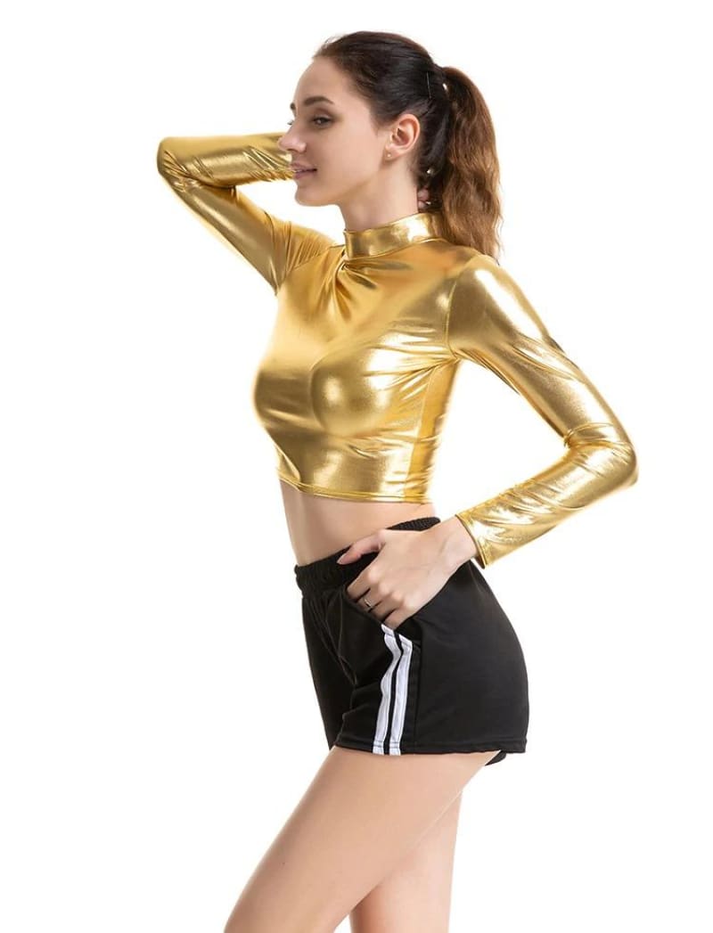 Metallic Long Sleeve Punk Rave Crop Top-Gold Shirt