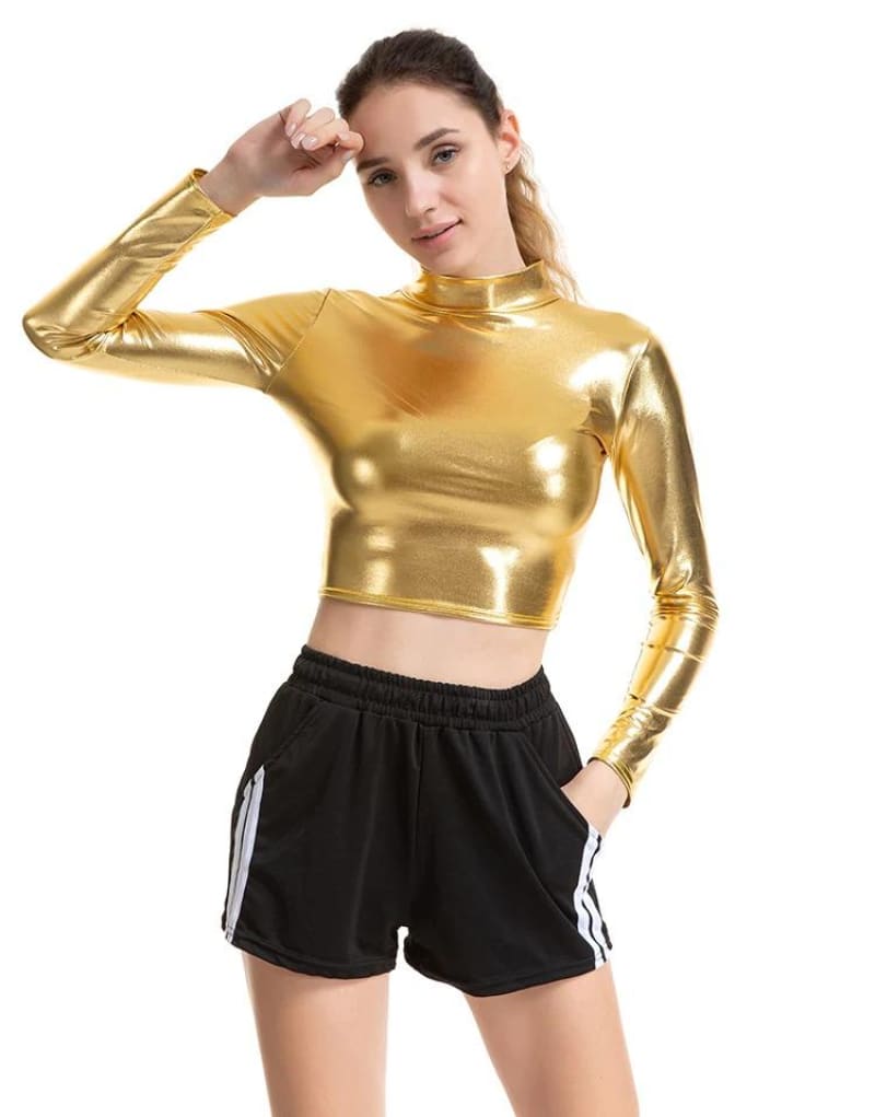 Metallic Long Sleeve Punk Rave Crop Top-Gold Shirt