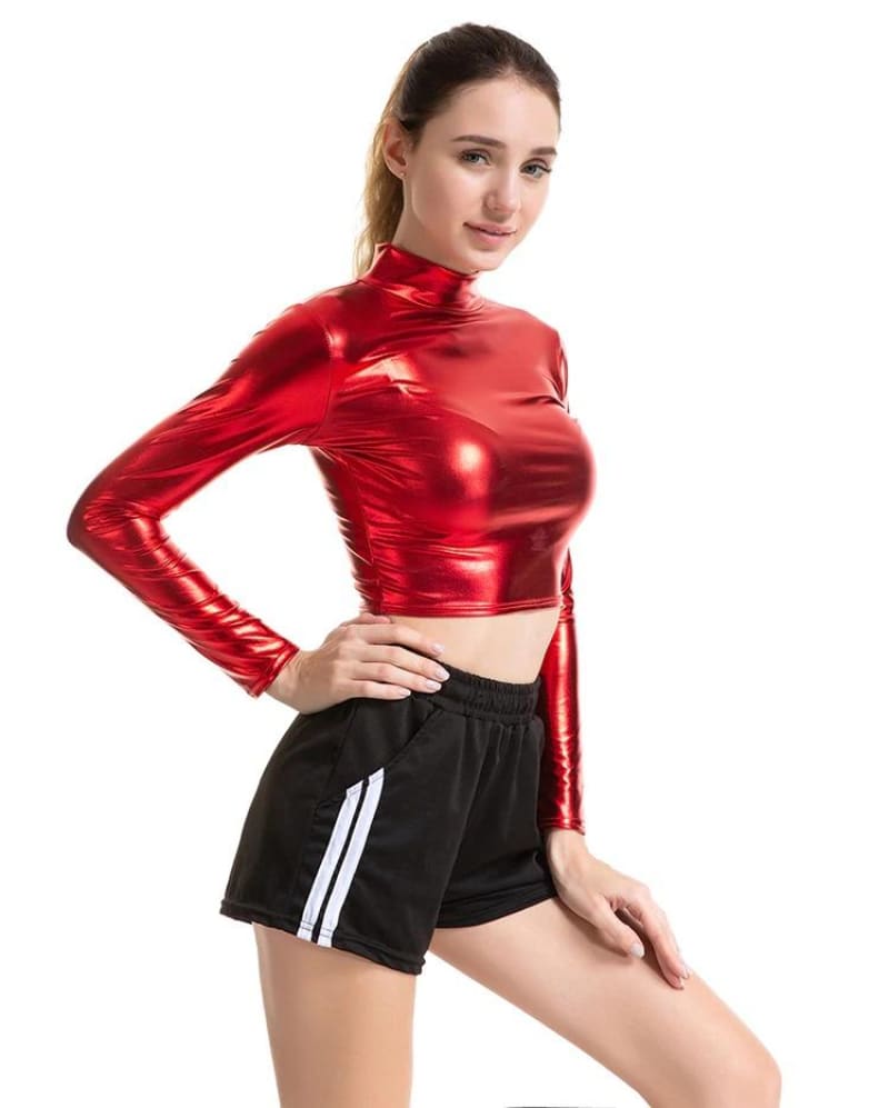 Metallic Long Sleeve Punk Rave Crop Top-Red Shirt