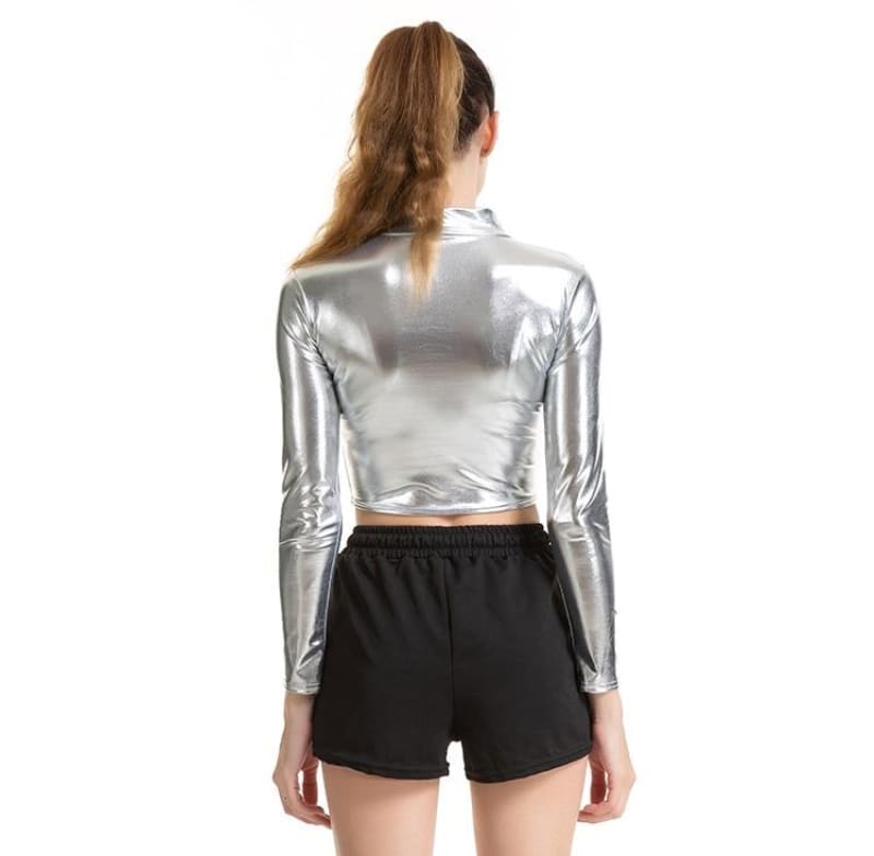 Metallic Long Sleeve Punk Rave Crop Top-Silver Shirt