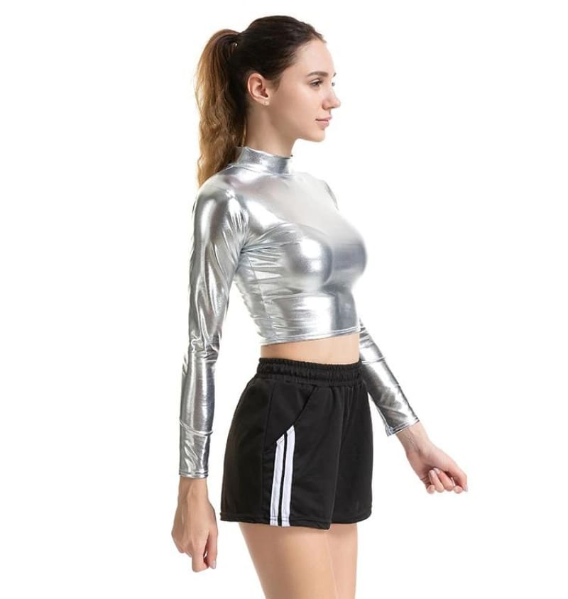 Metallic Long Sleeve Punk Rave Crop Top-Silver Shirt