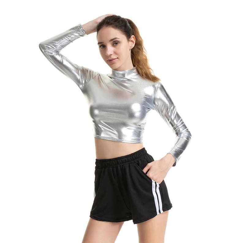 Metallic Long Sleeve Punk Rave Crop Top-Silver Shirt