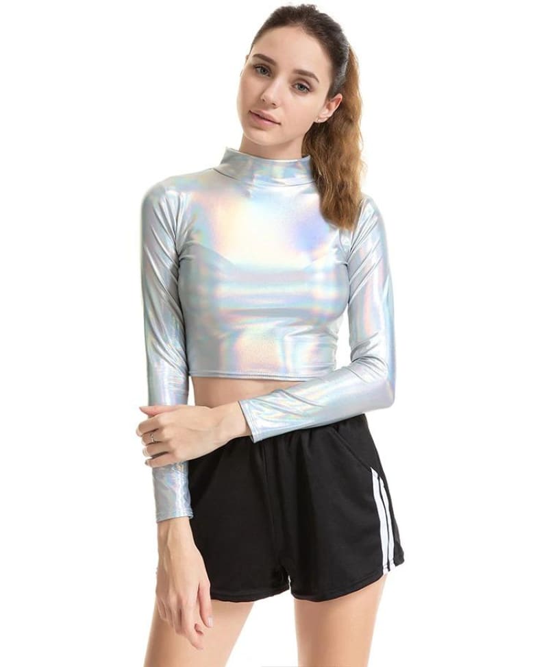 Metallic Punk Rave Crop Top-Holographic Shirt