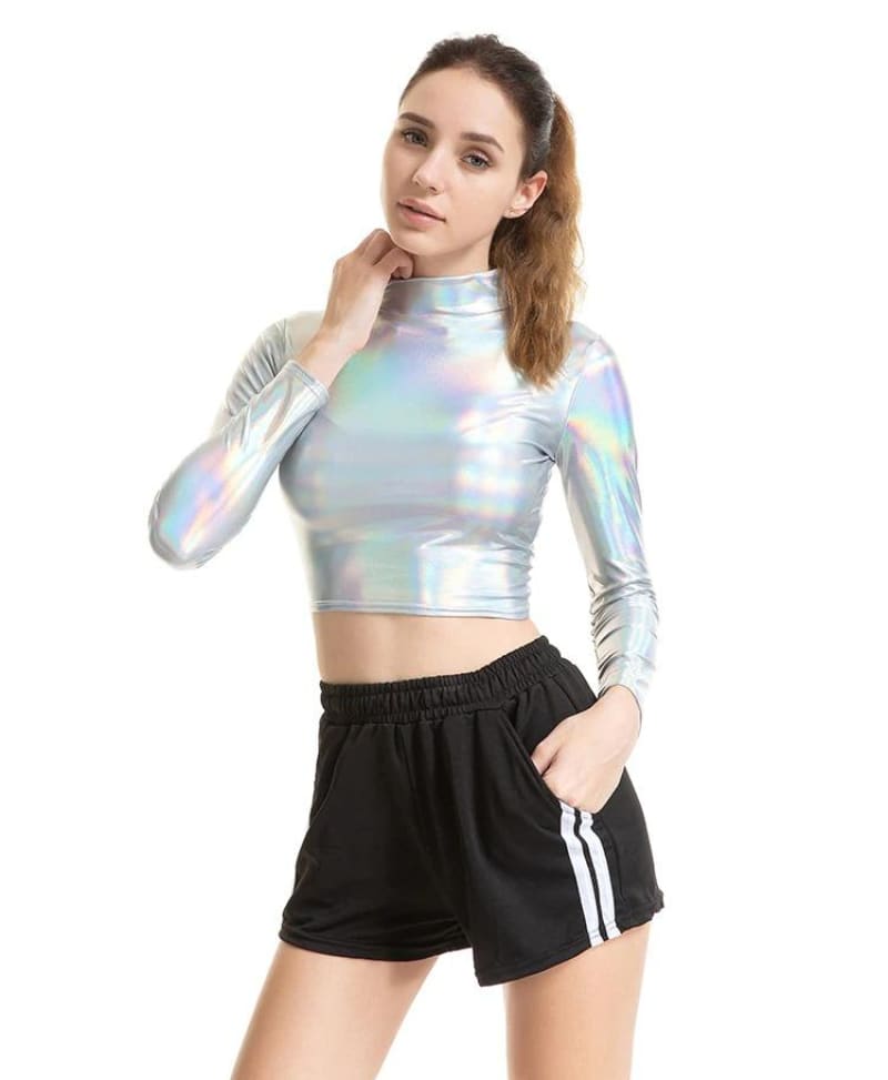 Metallic Punk Rave Crop Top-Holographic Shirt