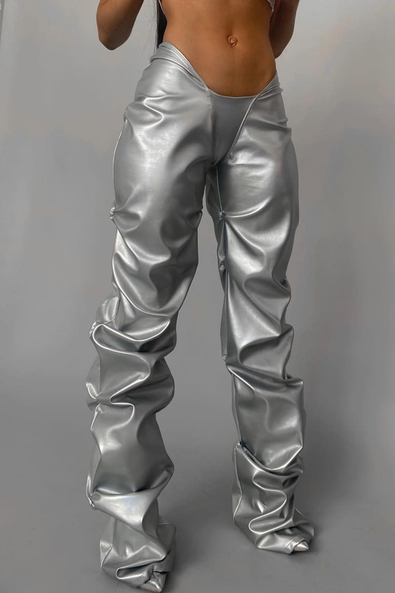 Metallic Silver Low Rise V-Cut Ruched Flare Pants