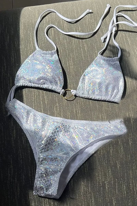 Metallic Silver Snakeskin Print Bikini Set