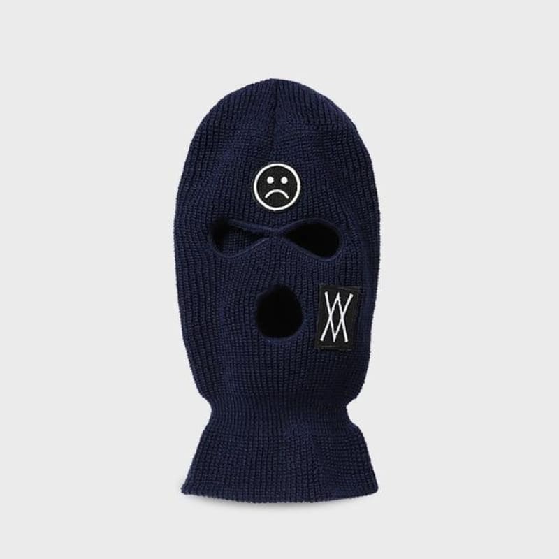 Navy 3 Holes Balaclava With Sad Face Embroidery