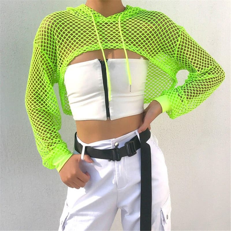 Women's neon green mesh shrug long sleeve crop top