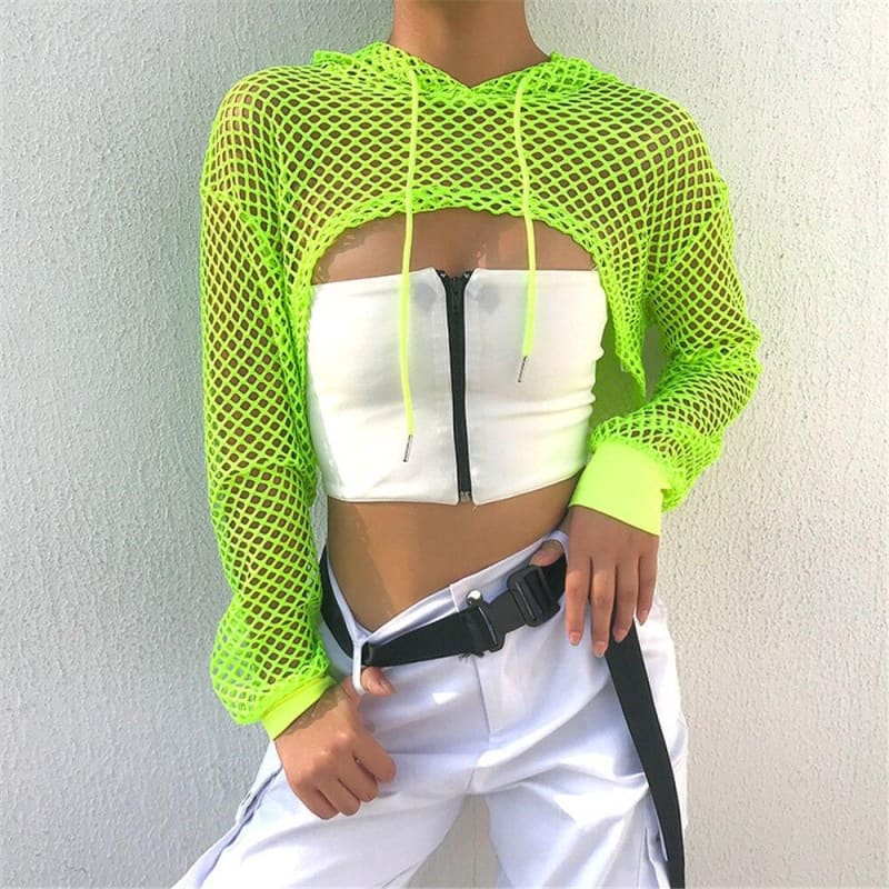 Women's neon green mesh shrug long sleeve crop top