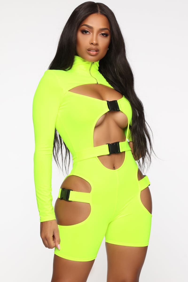 Neon Green Long Sleeve Cutout Turtleneck Buckle Romper Jumpsuits & Rompers